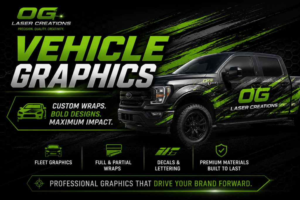 Custom vehicle graphics wrap design for OG Laser Creations featuring branded truck wraps, fleet graphics, decals, and commercial vehicle branding.