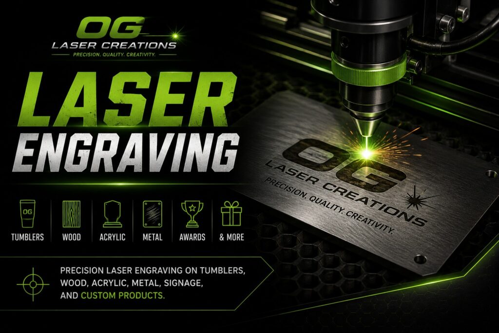 Laser engraving machine engraving custom metal plate for OG Laser Creations