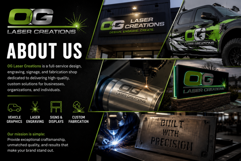 OG Laser Creations About Us collage featuring vehicle graphics, laser engraving, custom signage, fabrication projects, and branded products.