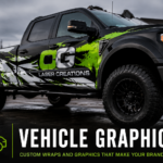 OG Laser Creations custom vehicle graphics wrap on a black pickup truck featuring bold green branding and commercial fleet design.
