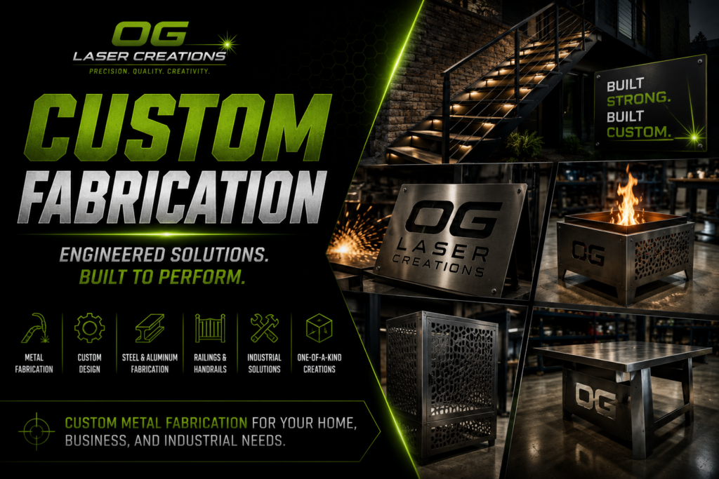 Custom metal fabrication projects including railings, fire pits, steel fabrication, aluminum fabrication, industrial components, and one-of-a-kind metal creations by OG Laser Creations