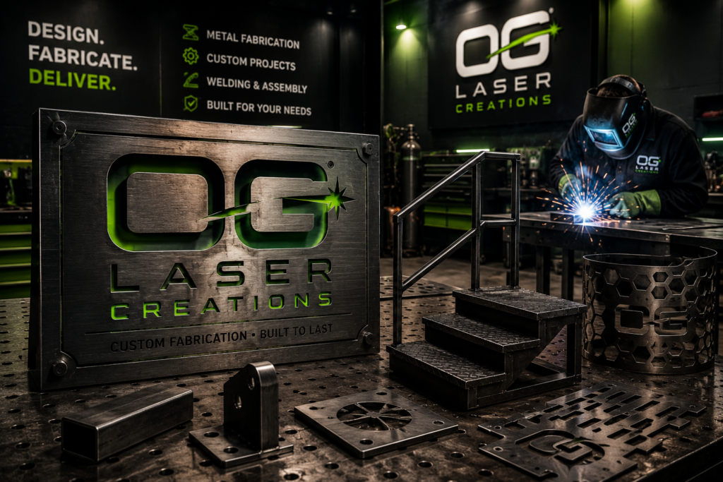 Custom metal fabrication and welding services by OG Laser Creations, featuring precision-built metal components, custom projects, fabrication, assembly, and industrial craftsmanship.