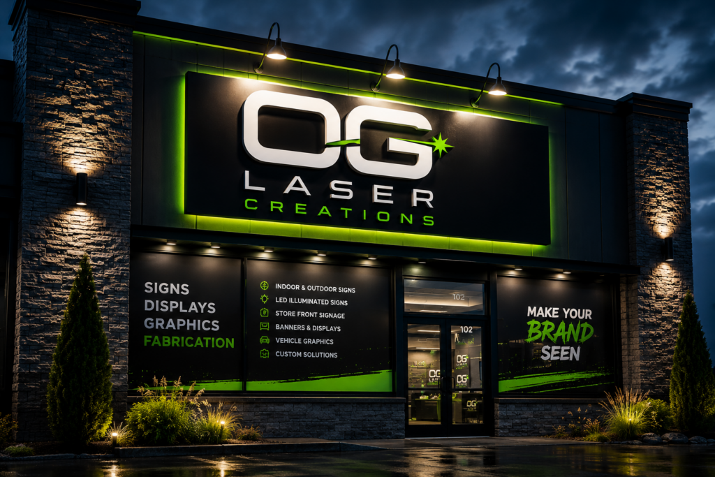 Custom business signs and displays including storefront signage, trade show displays, interior signs, exterior signs, and branded promotional displays created by OG Laser Creations.