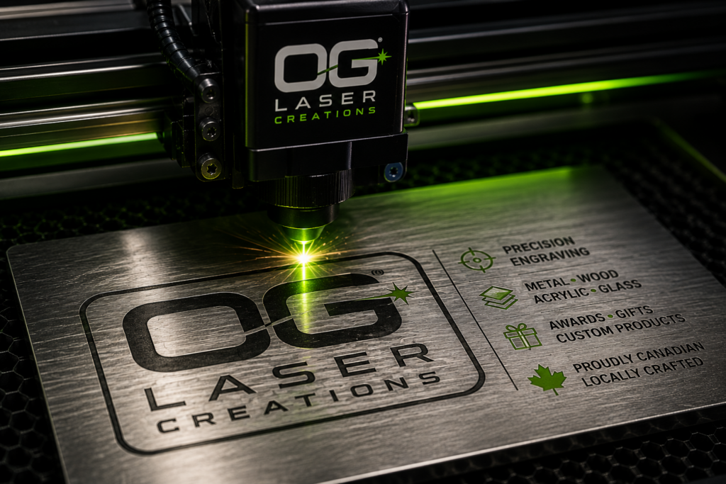 Precision laser engraving on metal by OG Laser Creations, creating detailed custom designs, logos, awards, plaques, gifts, and industrial markings.