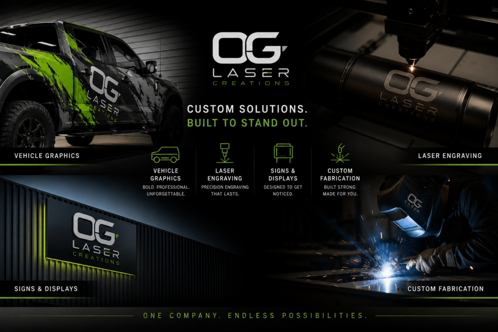 OG Laser Creations showcasing vehicle graphics, laser engraving, signs and displays, and custom fabrication services in Calgary, AB